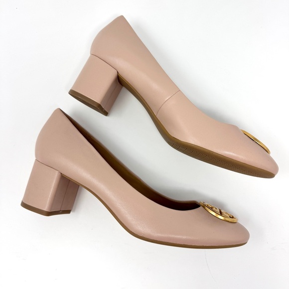 Tory Burch Benton Pink Leather Block Heel Pumps Gold Logo size 10 - Picture 4 of 15